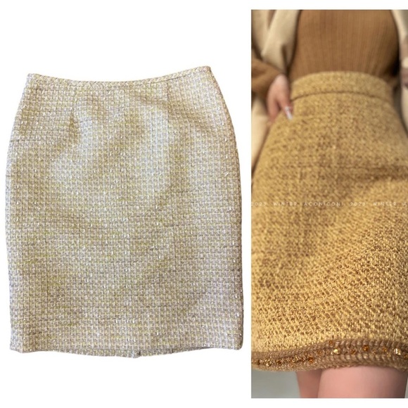 Vintage Calvin Klein Yellow Cream Tweed Pencil Skirt 2P - Picture 2 of 16